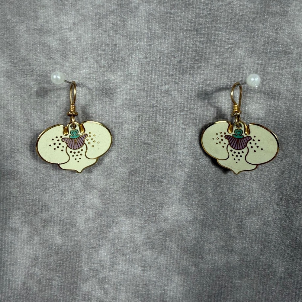 Vtg Laurel Burch Aarin Orchid Cloisonne‎ Enamel Drop Earrings Gold Tone Floral